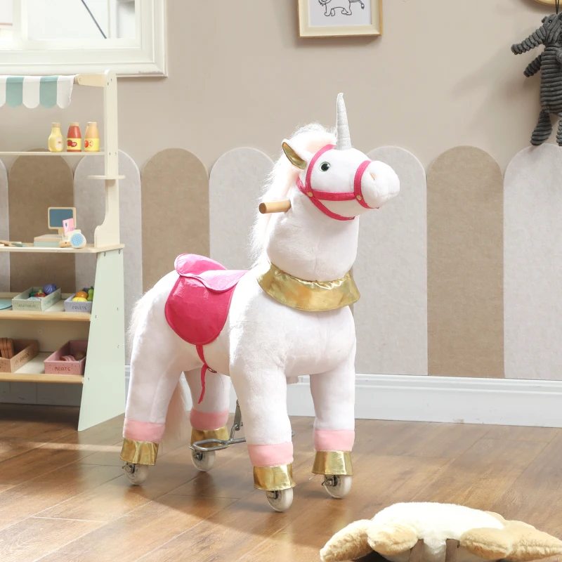 Qaba Ride on Unicorn Toy for Kids 3-5 Years, 29.5 Inch Plush Baby Rocking Horse with Wheels, No Battery Required, White