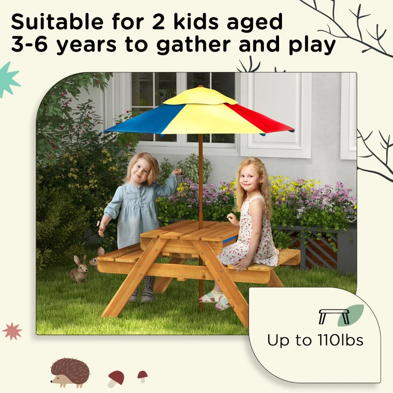 Outsunny Sensory Table 3 in 1 Toddler Water and Sand Table w/ Foldable Umbrella 2 Play Boxes Removable Top, 3-6 Years Old, Teak