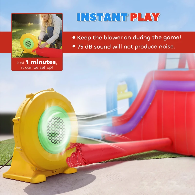 Qaba Inflatable Water Slide 6 in 1 with 480W Blower, Bounce House with Climbing Wall, Splashing Pool, Basketball Hoop