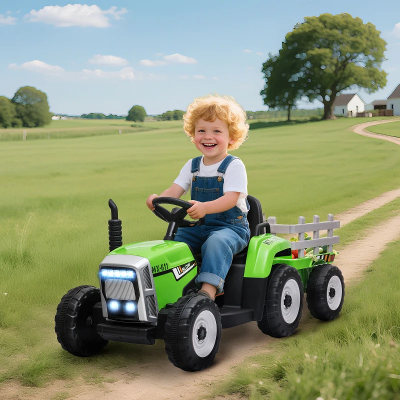Aosom 12V Ride on Tractor with Trailer, 25W Dual Motors, Battery Powered Electric Tractor with Remote Control, Music Startup Sound and Horn, LED Lights, Green