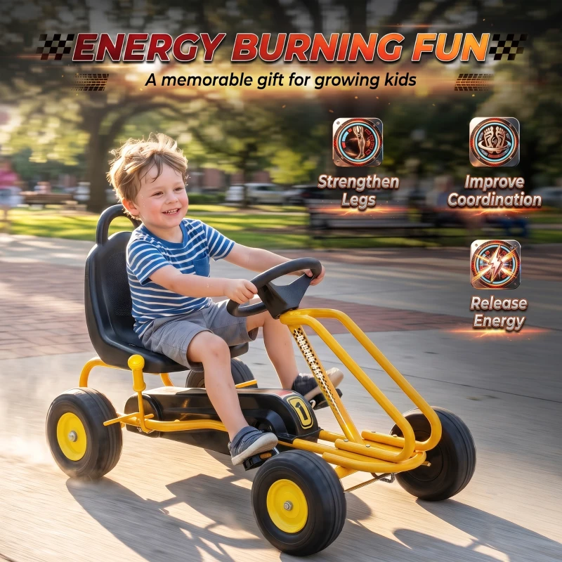 Qaba Go Kart for Kids, 4 Wheel Pedal Go Cart with Adjustable Seat, Safety Hand Brake for Boys Girls 3-6 Years, Yellow
