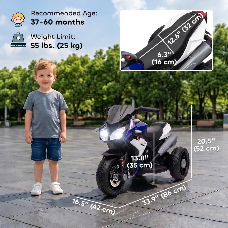 Qaba Kids Electric Motorcycle Ride-On Toy with 3 Wheels, Music, Horn, Lights, Blue