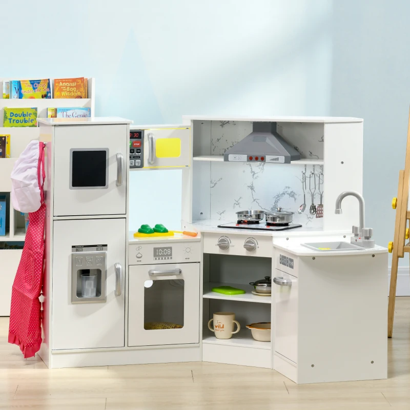 Qaba Play Kitchen Set for Kids w/ Apron and Chef Hat, Ice Maker White