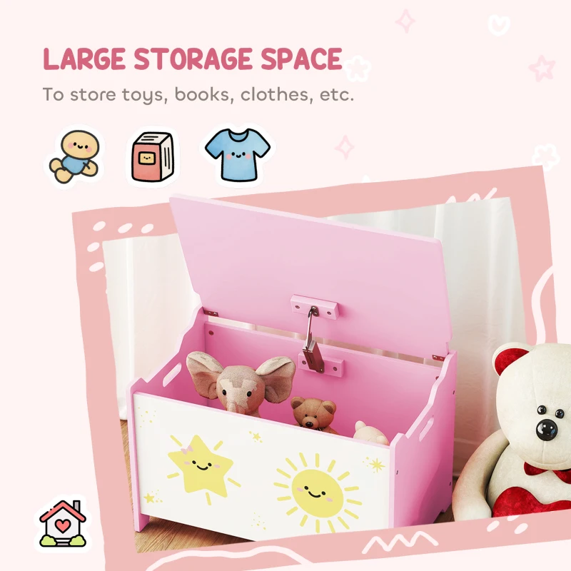 Qaba Toy Box with Lid, Safety Hinges and Groove Handles, Toy Storage Organizer for Kids, Living Room, Playroom, Pink