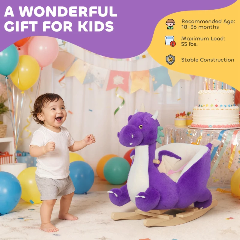 Qaba Baby Rocking Horse, Kids Ride On Dragon Toy with Realistic Dragon Roar and Safety Belt for Kids 18–36 Months, Purple