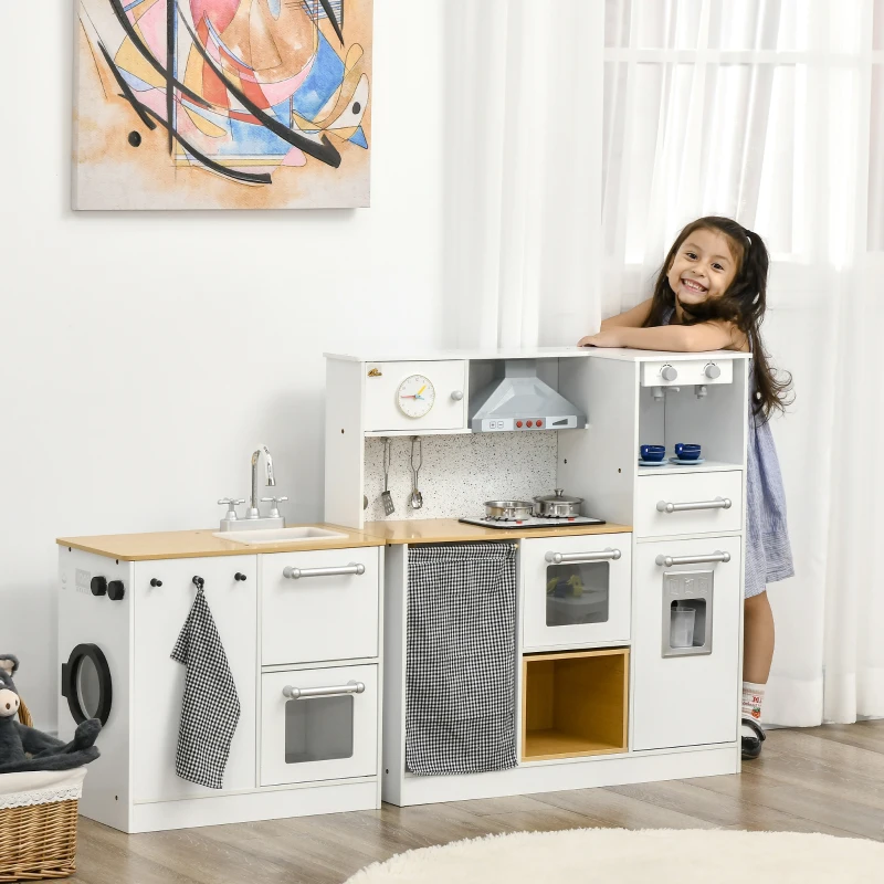Qaba Kids Wooden Kitchen Playset with Sound Effects and Tons of Countertop Space, Wooden Corner Play Kitchen Set with Washing Machine, Imaginative Toy Pretend Restaurant, Ages 3-6, White