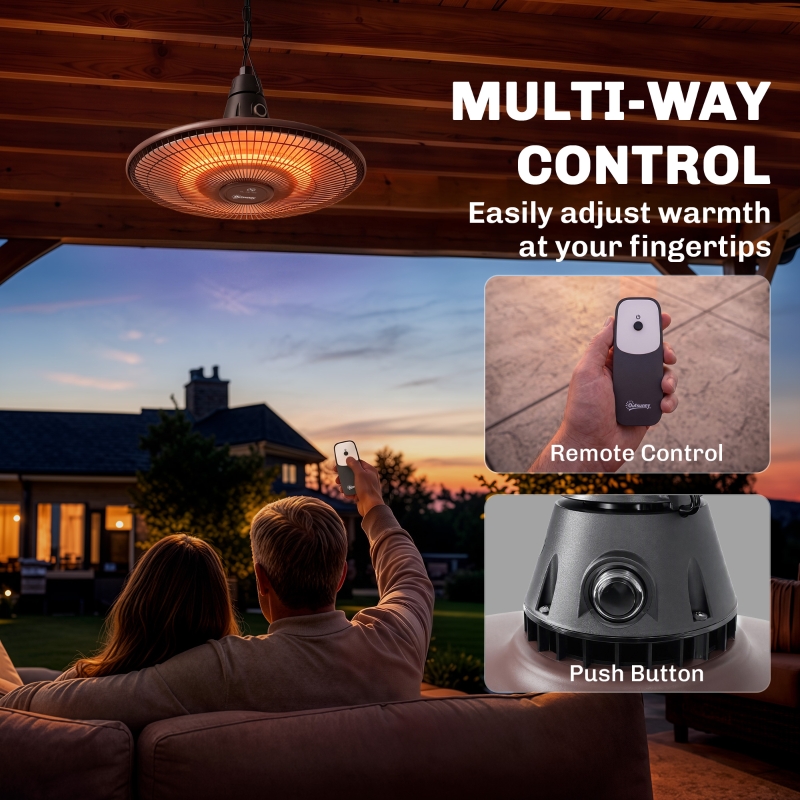 Outsunny 1500W Electric Patio Heater, IP65 Hanging Infrared Outdoor Heater with Carbon Fiber Tube, Remote Control, Black