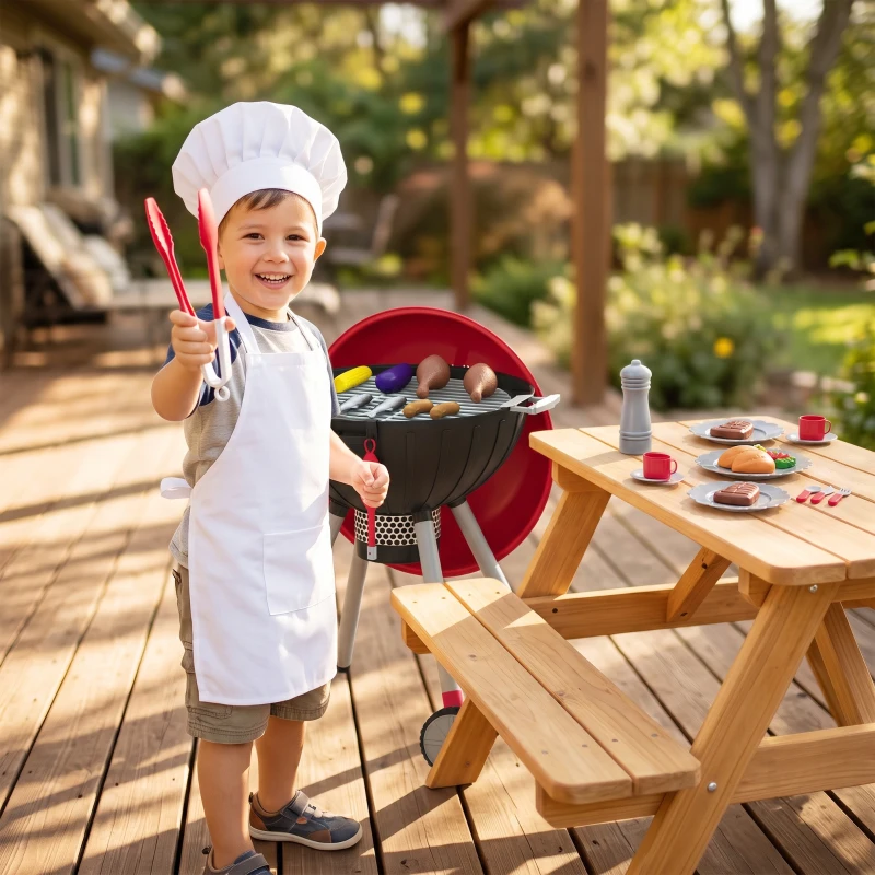 Qaba Kids Kitchen Playset with Sounds, Lights & Realistic Charcoal Effect, 40PCS Pretend BBQ Grill Playset for 3-6 Y, Red