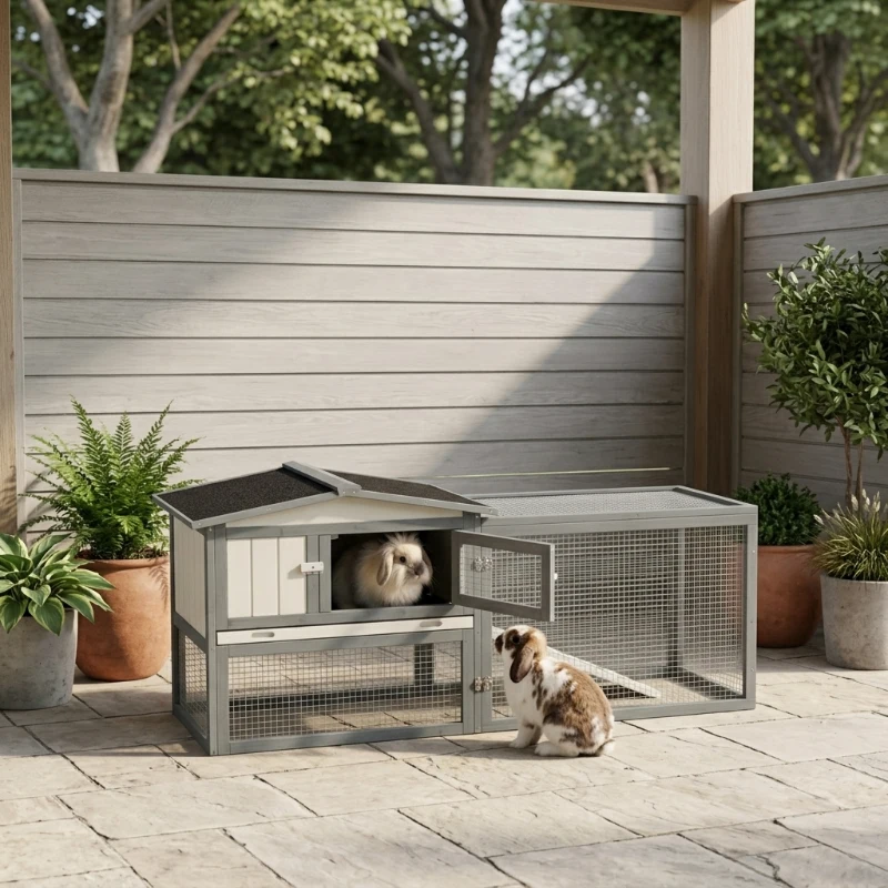 PawHut Large Rabbit Cage Outdoor 61"L Guinea Pig Hutch w/ Run Feeding Trough Removable Tray Ramp Asphalt Roof, White