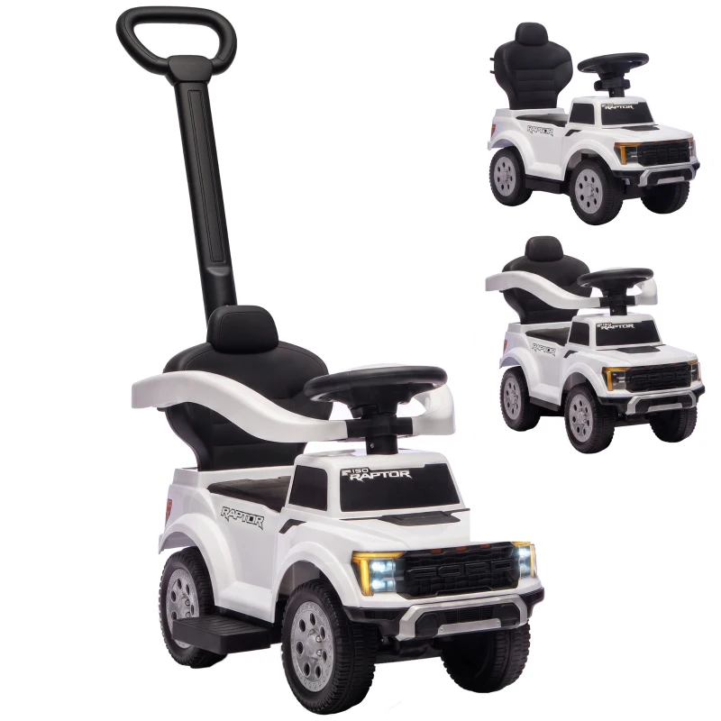 Qaba 3 In 1 Licensed Ford Kids Push Car with Push Handle, Horn, Sound, Secure Bar, Storage, for Toddlers 18-36 Months, White