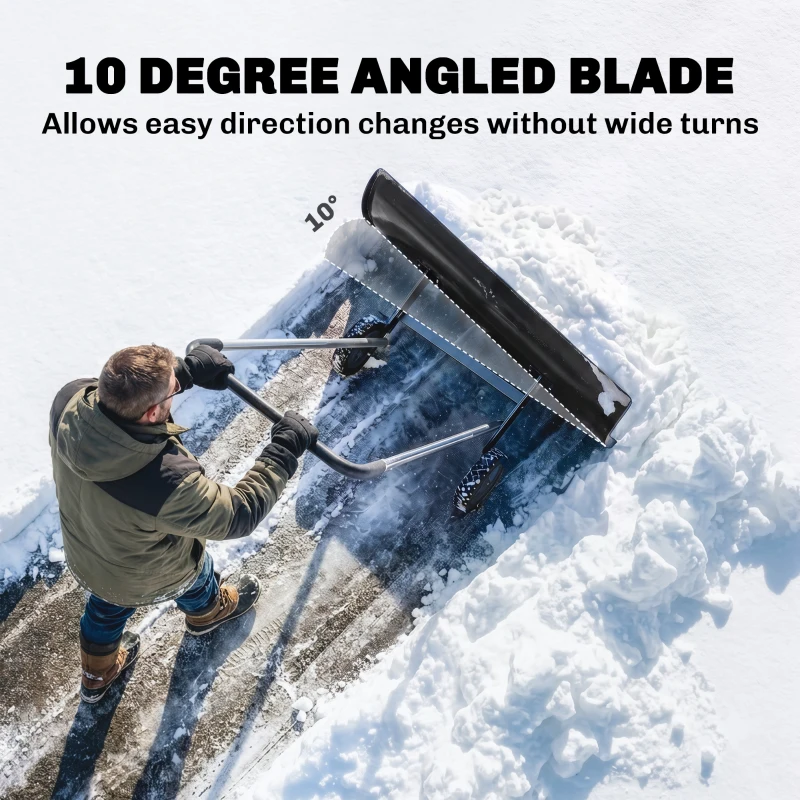 Outsunny 37-Inch Extra Wide Snow Shovel with Wheels, Heavy Duty Aluminum Snow Pusher with Ergonomic Adjustable Handle, Black