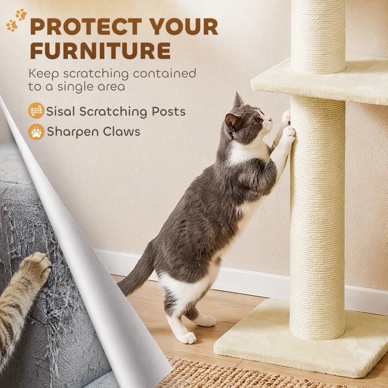PawHut Cat Wall Shelves, 3-in-1 Cat Wall Furniture Set with Scratching Post for Indoor Kittens Climbing Sleeping, Beige
