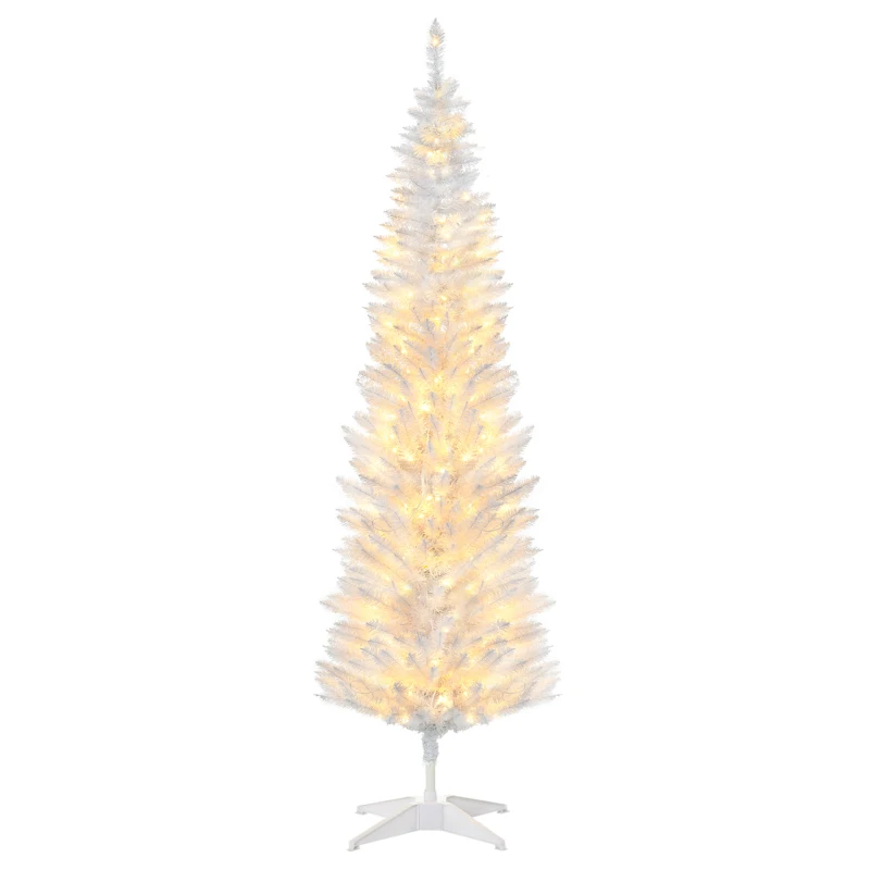 HOMCOM 5' Pre Lit Artificial Pencil Christmas Trees, Xmas Tree with Realistic Branches and Warm White LED Lights, White