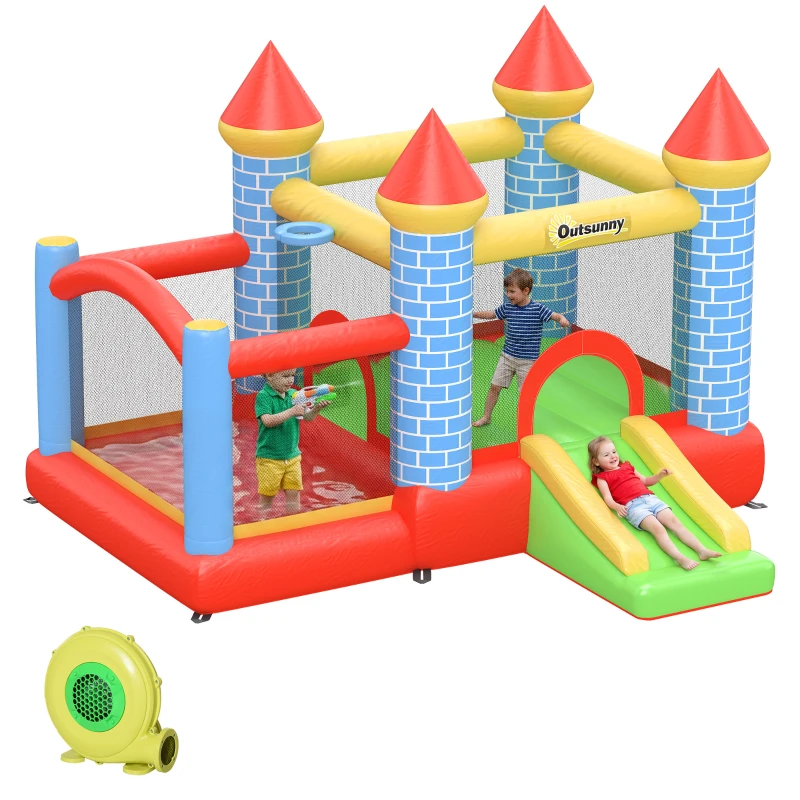 Qaba 9.2 x 9.5FT Bounce House, 4 in 1 Inflatable Bouncy Castle for Kids With Trampoline, Slide, Water Pool, Basket, Blower