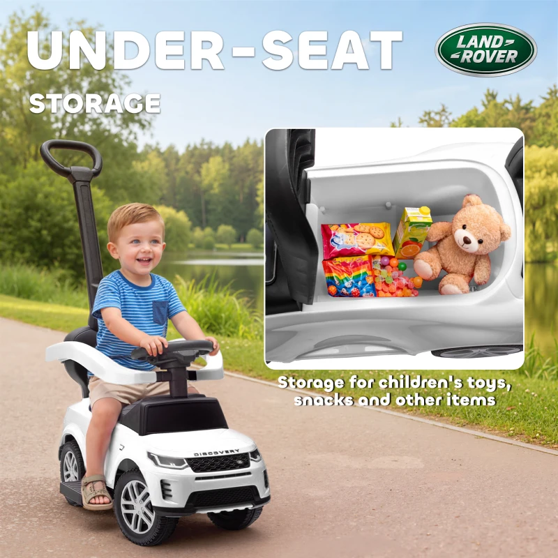 Qaba Land Rover Discovery Licensed Baby Push Car, 2-in-1 Ride on Car with Push Handle and Safety Guardrail, White