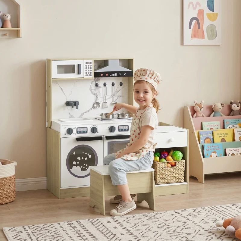 Qaba Play Kitchen Set for Kids, 2-in-1 Convertible Table and Chair Set, Kitchen Playset with Sink, Oven, Accessories for 3-8