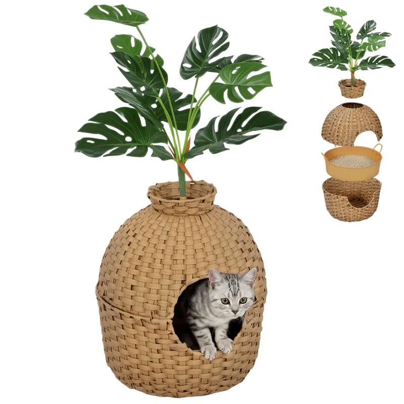 PawHut Hidden Cat Litter Box Enclosure with Faux Plant & Stainless Steel Tray for Bedroom, Living Room, Corner