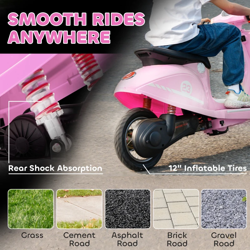 Qaba 24V Kids Motorcycle with 3-Speed, Electric Motorcycle with Rear Suspension and LED Lights for 8-12 Years Old, Pink
