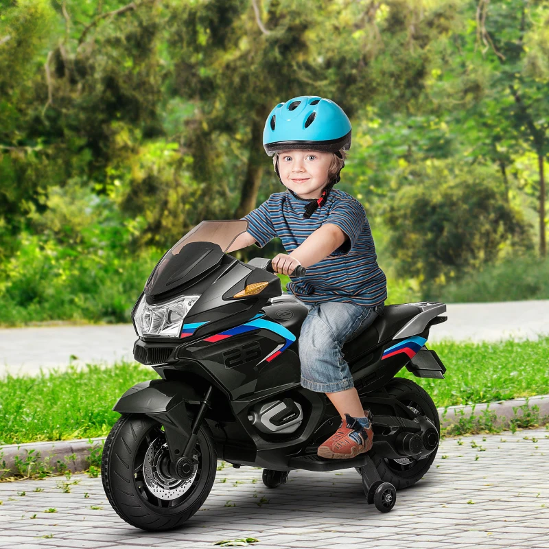 Aosom 12V Kids Electric Motorcycle with Training Wheels, Battery Power Ride on Motorbike, High-Traction at 3.7 Mph Top Speed, with Light Music, Black