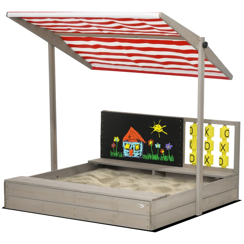 Outsunny Kids Sandbox with Canopy, Bench Seats Wooden Sand Pit, Backyard Toy with Chalkboard, Tic Tac Toe Game, Gift for Girls and Boys, Ages 3-7