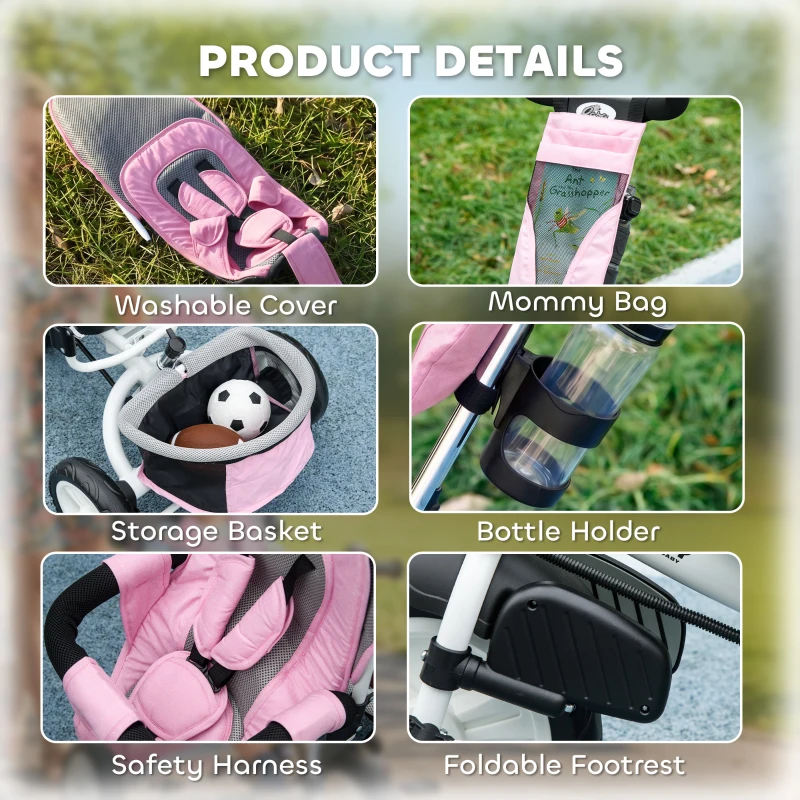 Qaba 6 in 1 Tricycle for Toddler 1-5 Years with Parent-Push Handle, Pink