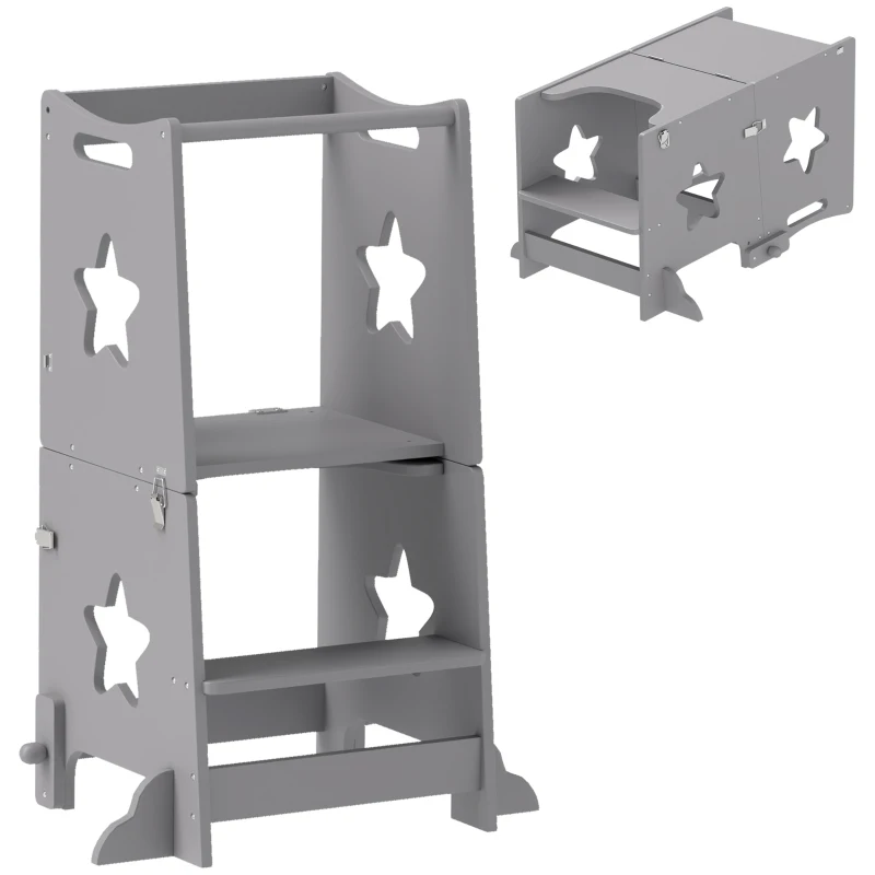 Qaba 2 in 1 Toddler Tower with Safety Rail for Bathroom, Sink, Kitchen or Counter, Gray