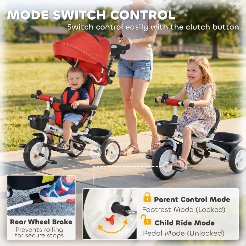 Qaba 6 in 1 Toddler Tricycle with Parent Push Handle, Canopy, Storage Baskets, Cupholder, Red