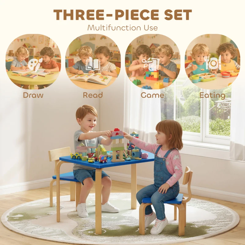Qaba Kids Table and 2 Chair Set, Children Multi-Activity Furniture Set for Playing, Learning, Eating, Craft, Blue
