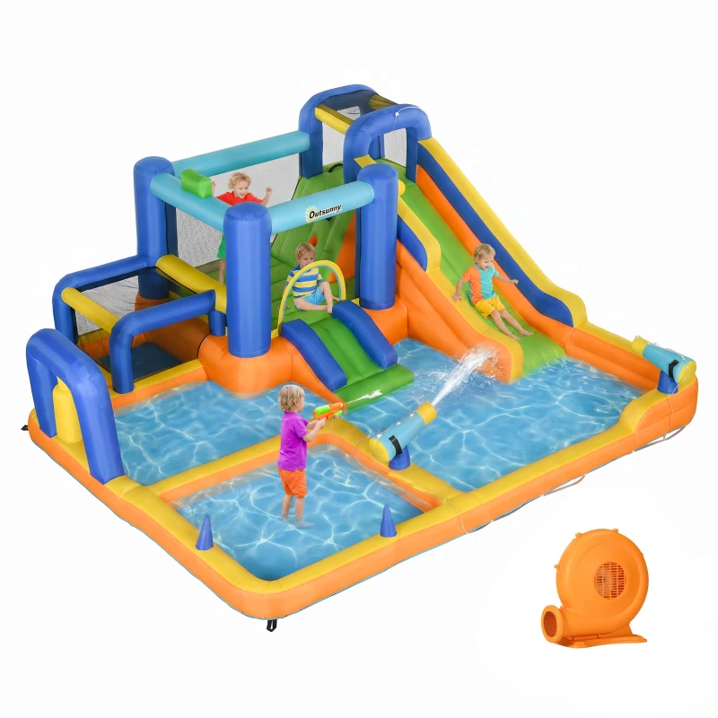 Outsunny 7 in 1 Water Slide w/ Slide Pool Climbing Wall Water Cannon Basketball Hoop Boxing Post Football Stand for 3-8 Years