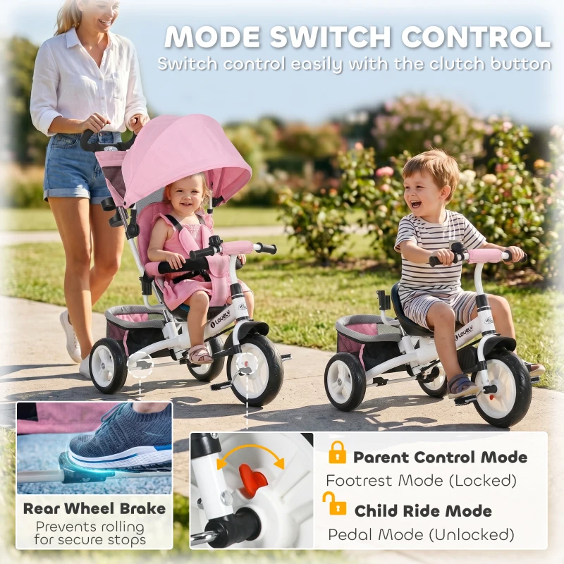 Qaba 6 in 1 Tricycle for Toddler 1-5 Years with Parent-Push Handle, Pink