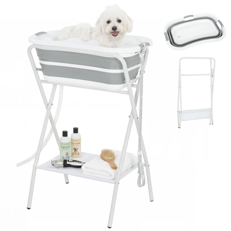 PawHut Dog Bath Tub Dog Washing Station, Elevated Foldable Dog Bathtub with Hose, Storage Shelf, for Small Dogs Puppies Gray