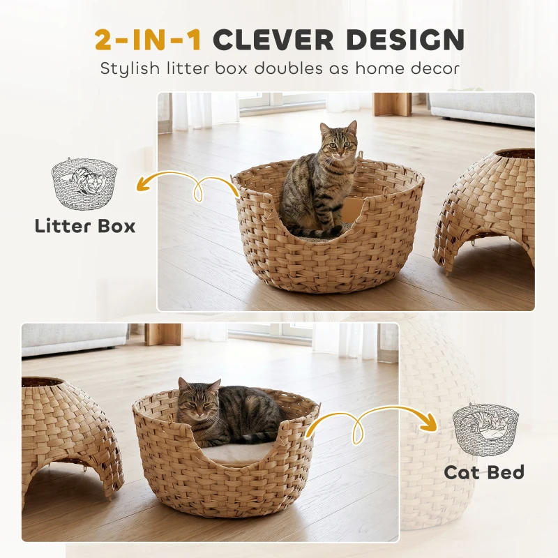 PawHut Hidden Cat Litter Box Enclosure with Faux Plant & Stainless Steel Tray for Bedroom, Living Room, Corner