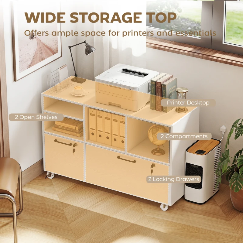 HOMCOM File Cabinet, 2 Drawer Mobile Lateral Filing Cabinet Printer Stand with Lock, Charging Station, Hanging Bars, White