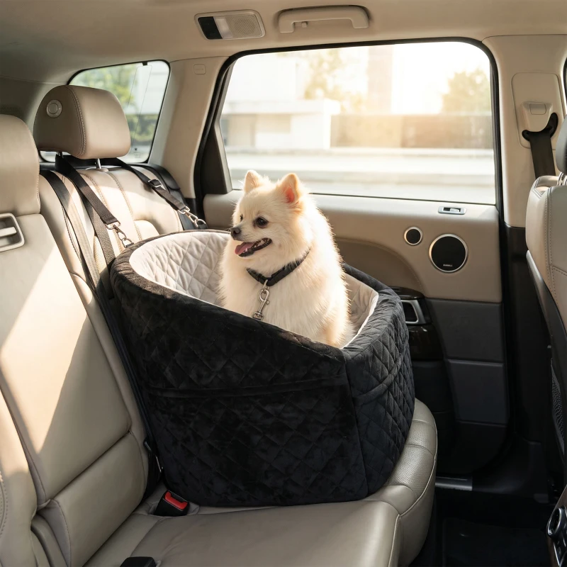 PawHut Dog Car Seat, Dog Booster Car Seat Washable with Adjustable Safety Leash, Storage Pockets for Small Under 10kg, Grey