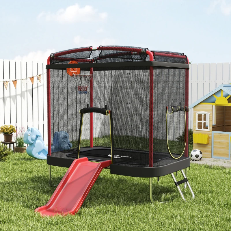 Qaba 4 x 6FT Trampoline for Kids Indoor & Outdoor with Slide, Swing, Basketball Hoop and Safety Enclosure, Red