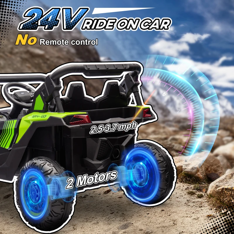 Qaba 24V 7AH Ride on Car, 2 Seater 4 MPH Ride on UTV with 4 Shock Absorbers, Music Horn LED Lights, for 3-8 Years, Green