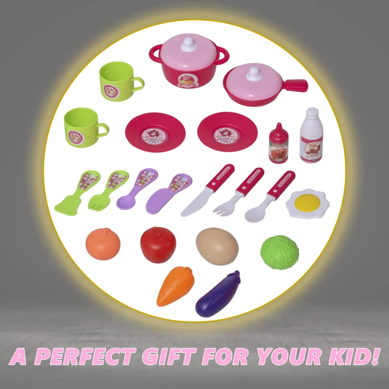 Qaba Pretend Play Kitchen Playset Chef Role Play Game 3-in-1 Design Suitcase Cart with 42 Pcs Accessories for Girls and Boys 3 to 6 Years Old Pink