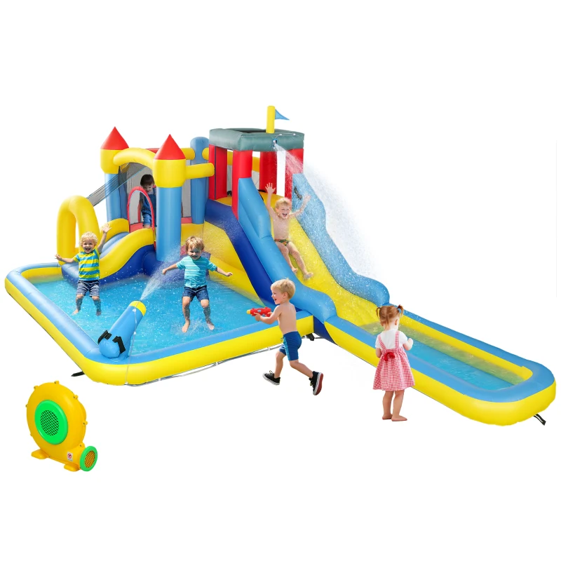 Qaba 6 in 1 Inflatable Water Slide Park with Splash Pools, 2 Slides, Trampoline, Climbing Wall, Cannon, Basketball Hoop