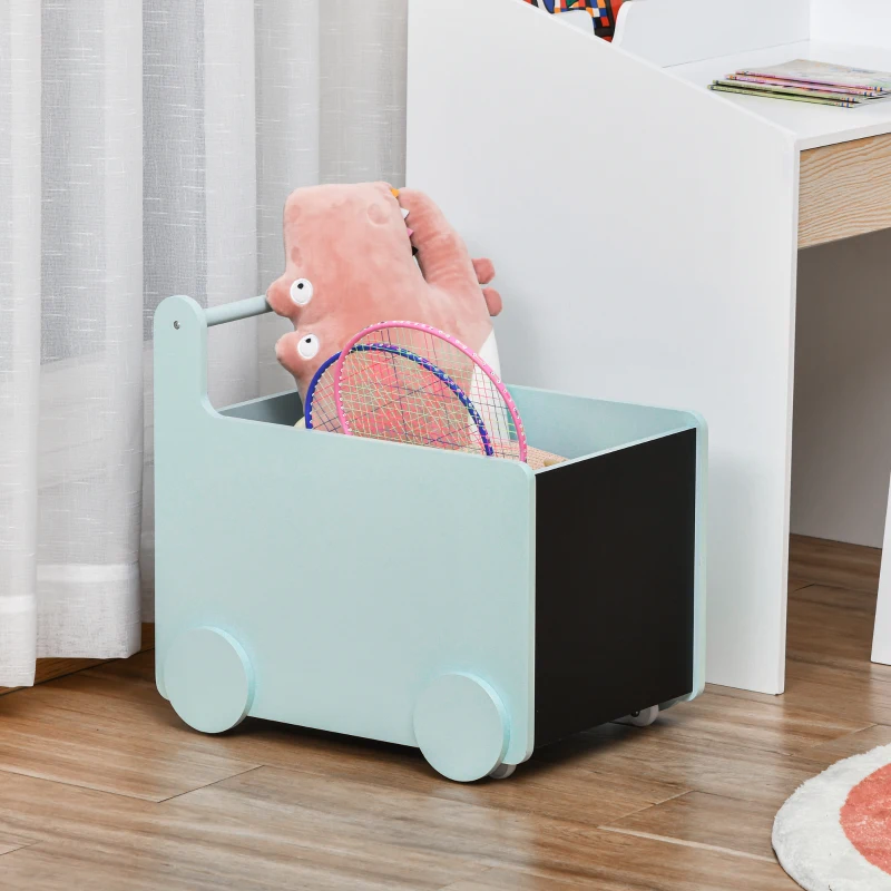 Qaba's Kids' Storage Cabinet, Organizer for Books, Crafts, Rollable Toy Chest Safely Transport Bookshelf with Included Wheels, Clean Play Room, Blue