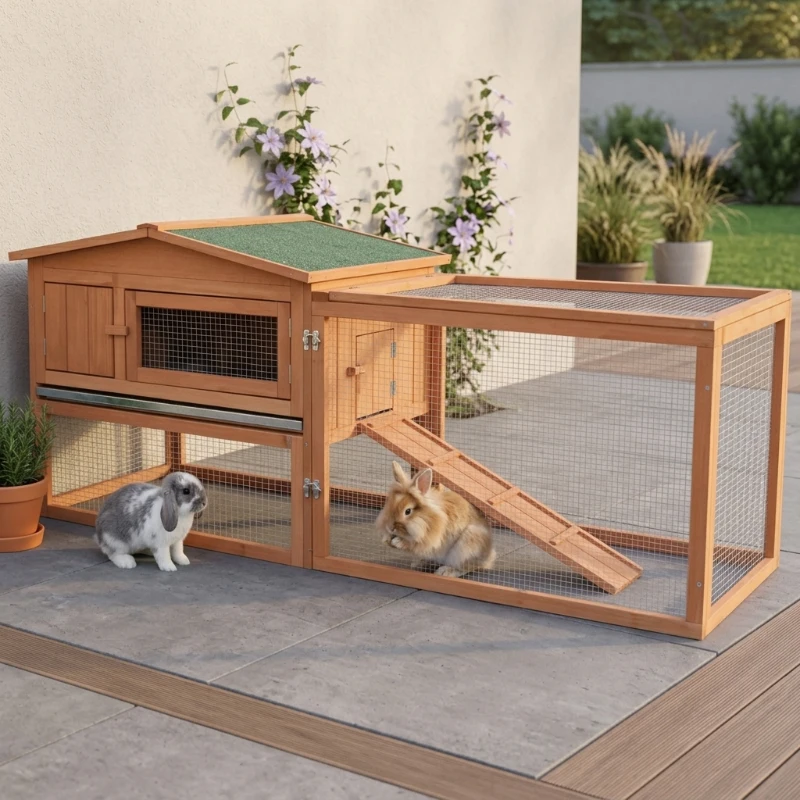 PawHut Rabbit Cage Outdoor, 62" Wooden Outdoor Rabbit Hutch, Small Animal Habitat with Detachable Run and Elevated Main House, Natural