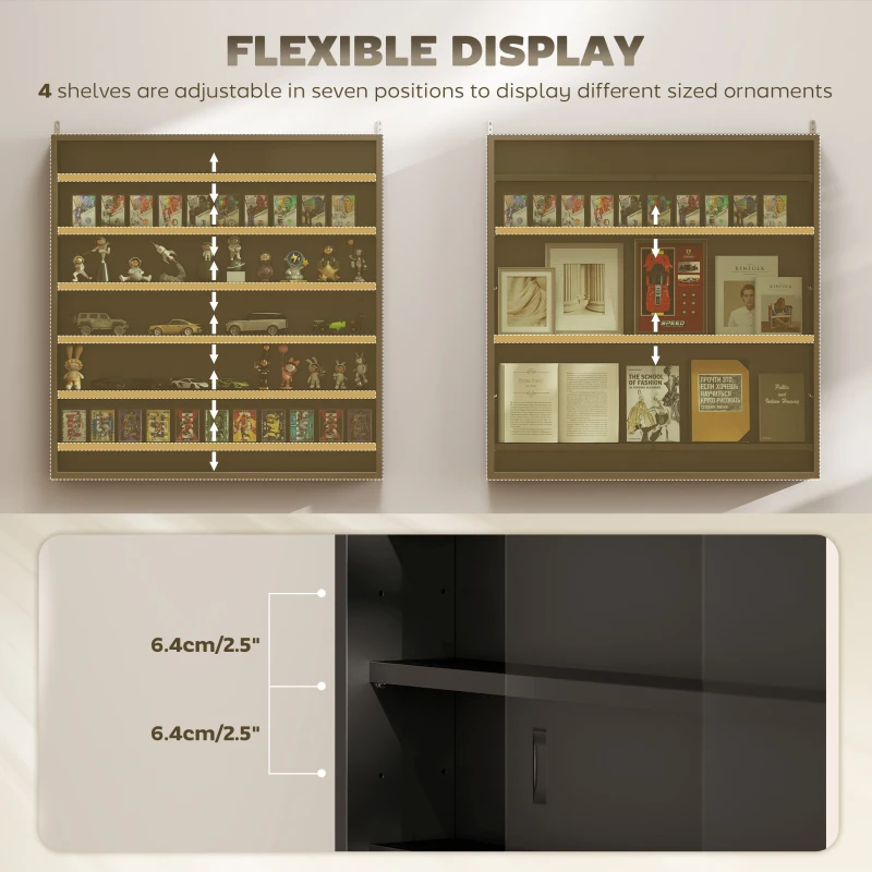 HOMCOM 7-Tier Display Cabinet, Shot Glass Display Case, Glass Curio Cabinet with 2 Glass Doors and 6 Adjustable Shelves, Black