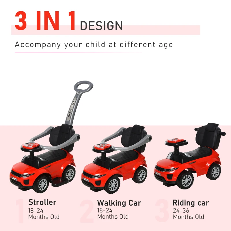 Aosom 3 in 1 Kid Ride on Push Car, Toddlers Sliding Walking Car, with Horn, Under Seat Storage, for 18-36 Months, Red