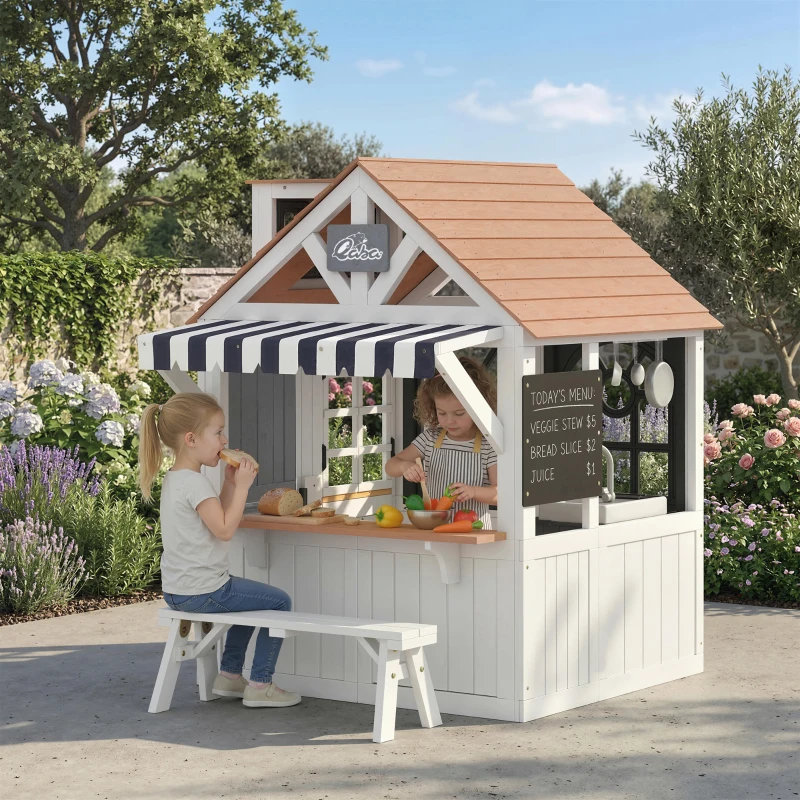 Qaba Outdoor Playhouse, Wooden Kids Playhouse with Dog Door, Cookware, Blackboard, Bench, Doorbell for Ages 2+