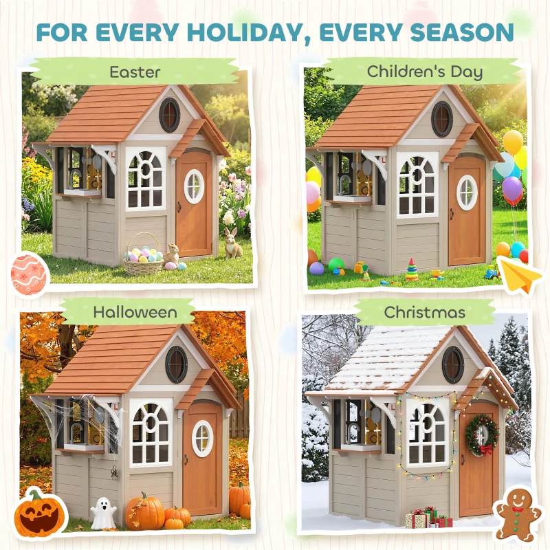 Qaba Outdoor Playhouse, Wooden Kids Playhouse with Dog Door, Cookware, Blackboard, Clock, Tic-Tac-Toe Roller for Backyard