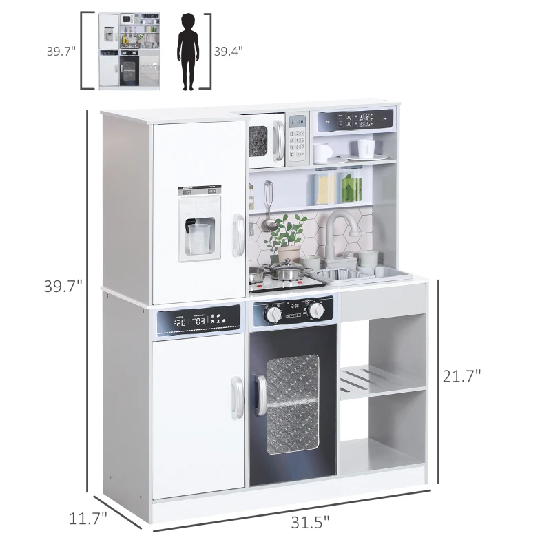 Qaba Play Kitchen, Kids Kitchen Playset w/ Lights, Sounds, Running Water, Coffee Machine, Ice Maker & Microwave for 3-8 Years