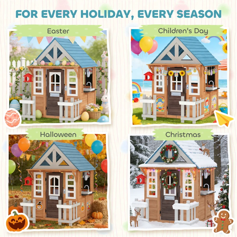 Qaba Wooden Kids Playhouse with Pet Door, Play Kitchen, Mailbox, Doorbell, Birdhouse, Fence and Windows for Pretend Play