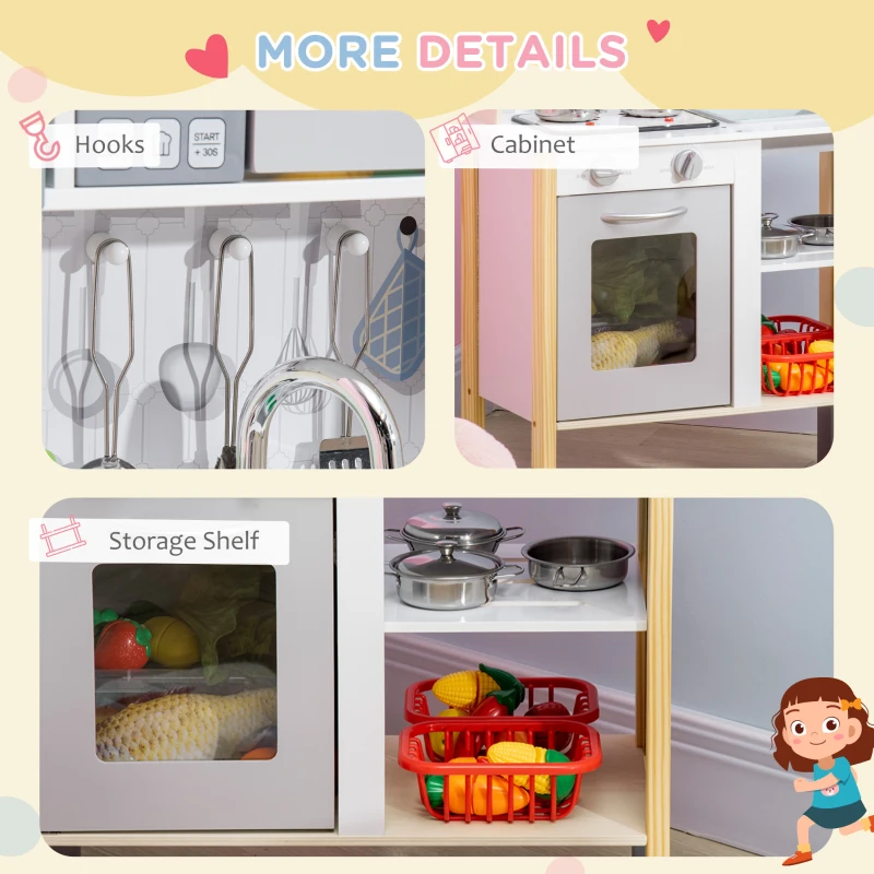 Qaba Wooden Play Kitchen with Realistic Lights and Sounds, Height-Adjustable Kids Kitchen Playset with Microwave, Range Hood, Cooking Accessories, Gift for 3-6 Years Old, White