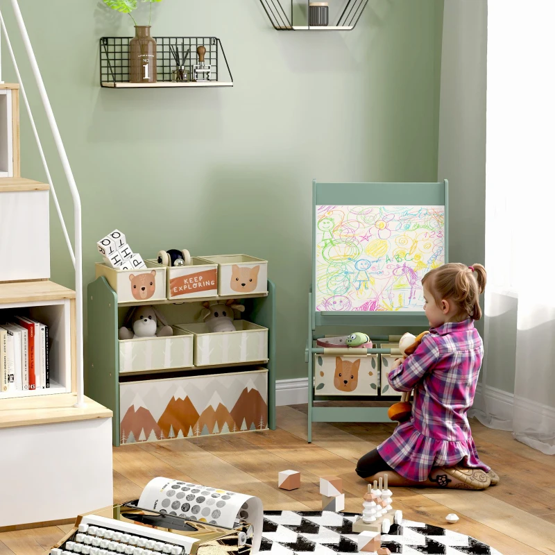 Qaba Kids Toy Organizer and Kids Easel Set with 6 Storage Bins, Paper Roll, Blackboard, Whiteboard, for Ages 3-8 Years, Green