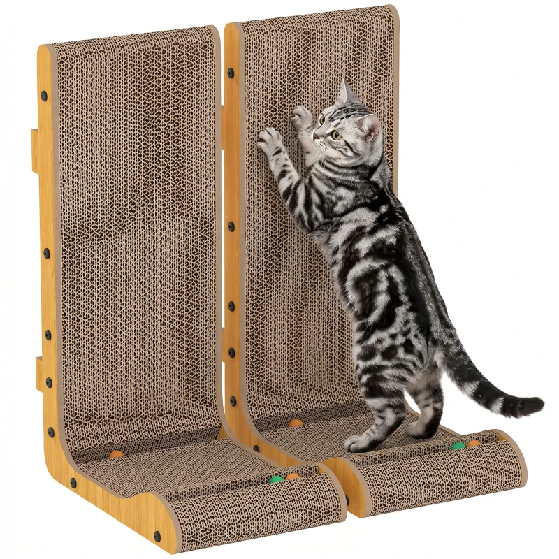 PawHut 2PCS Cat Scratching Board L Shape Cat Scratcher Cat Scratching Pad with 3 Toy Balls, Catnip
