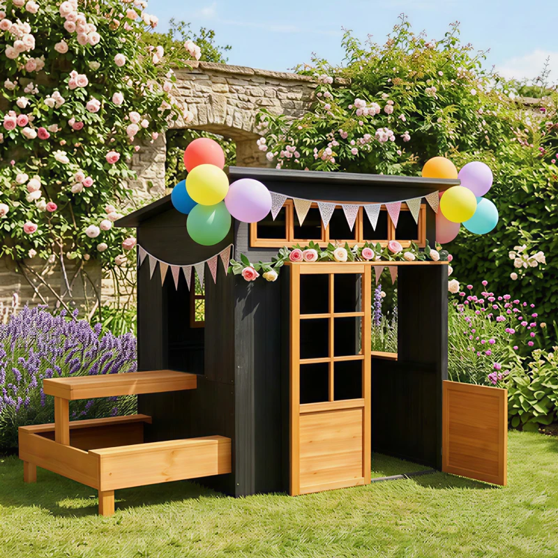 Qaba Outdoor Playhouse, Wooden Kids Playhouse w/ Picnic Table & Benches, Chalkboards, Half Door, Windows, for Kids Ages 3-8